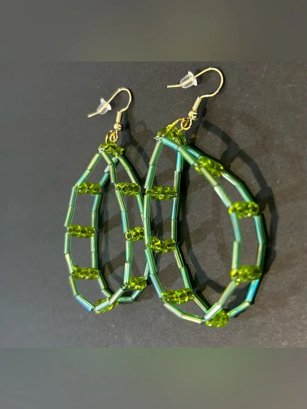 Handmade Green Beaded Earrings - Picture 3 of 5